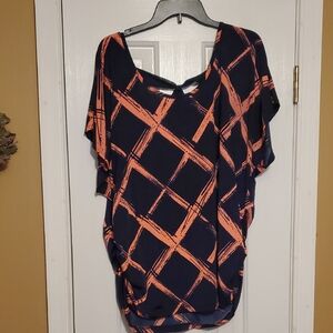 Lavish Navy and Neon Coral Patterned Blouse